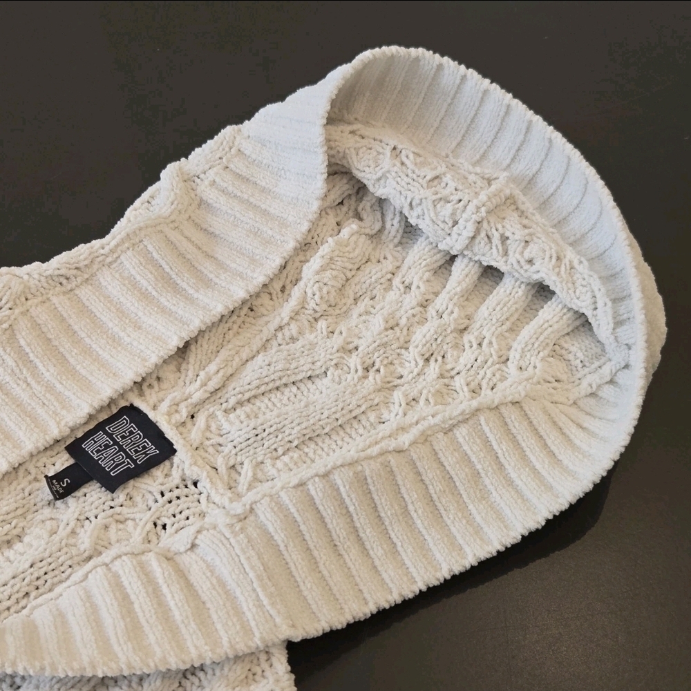 Open Cardigan Sweater S Cream Chunky Knit Thick Waffle Fisherman Derek Heart - Picture 6 of 13